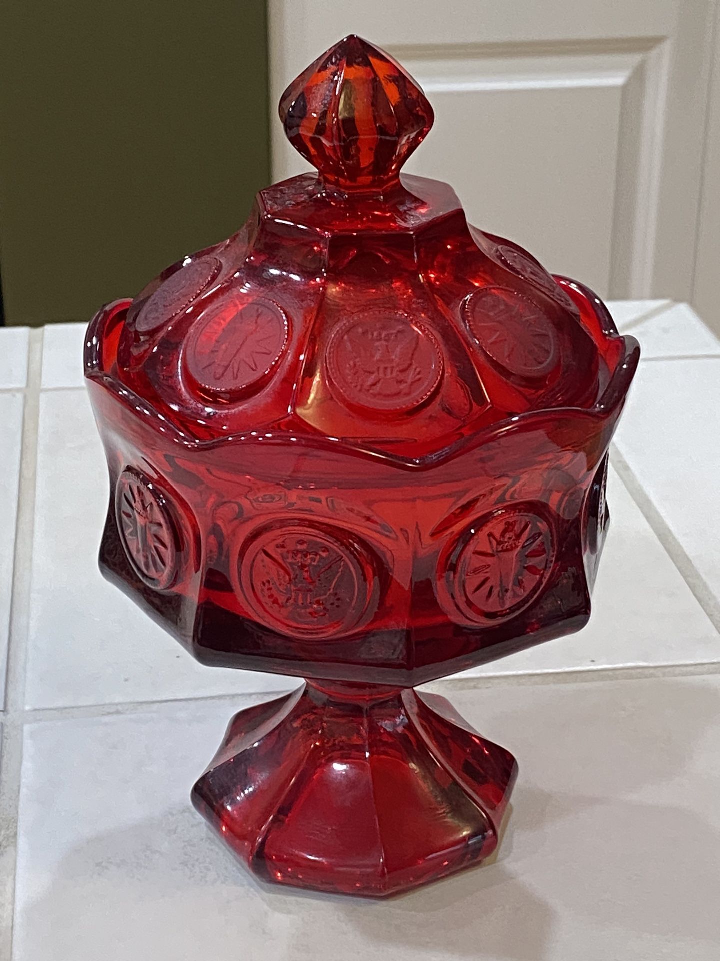 Vintage Fostoria Ruby Red Coin Wedding Bowl Compote w/ Lid Candy Dish