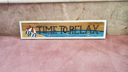 Beach sign "Time to Relax " sign hand painted wood sign plaque for home wall decor or place on shelf or mantel. 24" L x 5.25" wide. "Relax"  wood sign