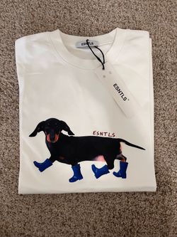 ESNTLS White Cotton Graphic Dog T-Shirt with Blue Boots Crew Neck Short Sleeve