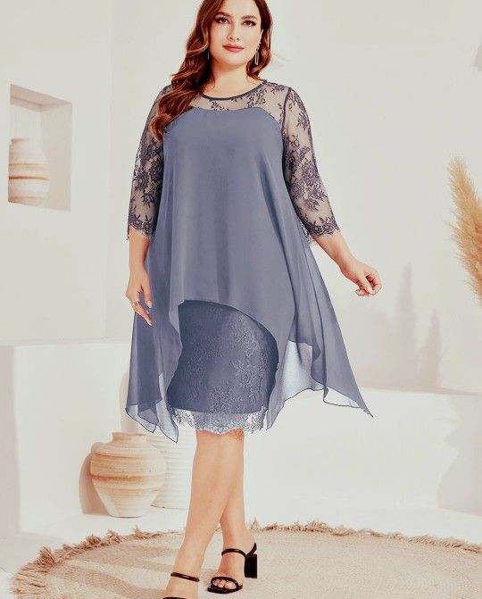 PLY Women's Elegant Floral Lace Gray Purple Dress - Size 14