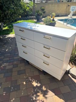 White 8-Drawer Double Dresser with Gold Handles