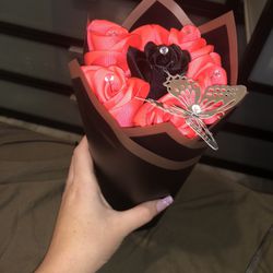 Small Neon Pink And Black Flower Bouquet With Rhinestones And Butterfly 