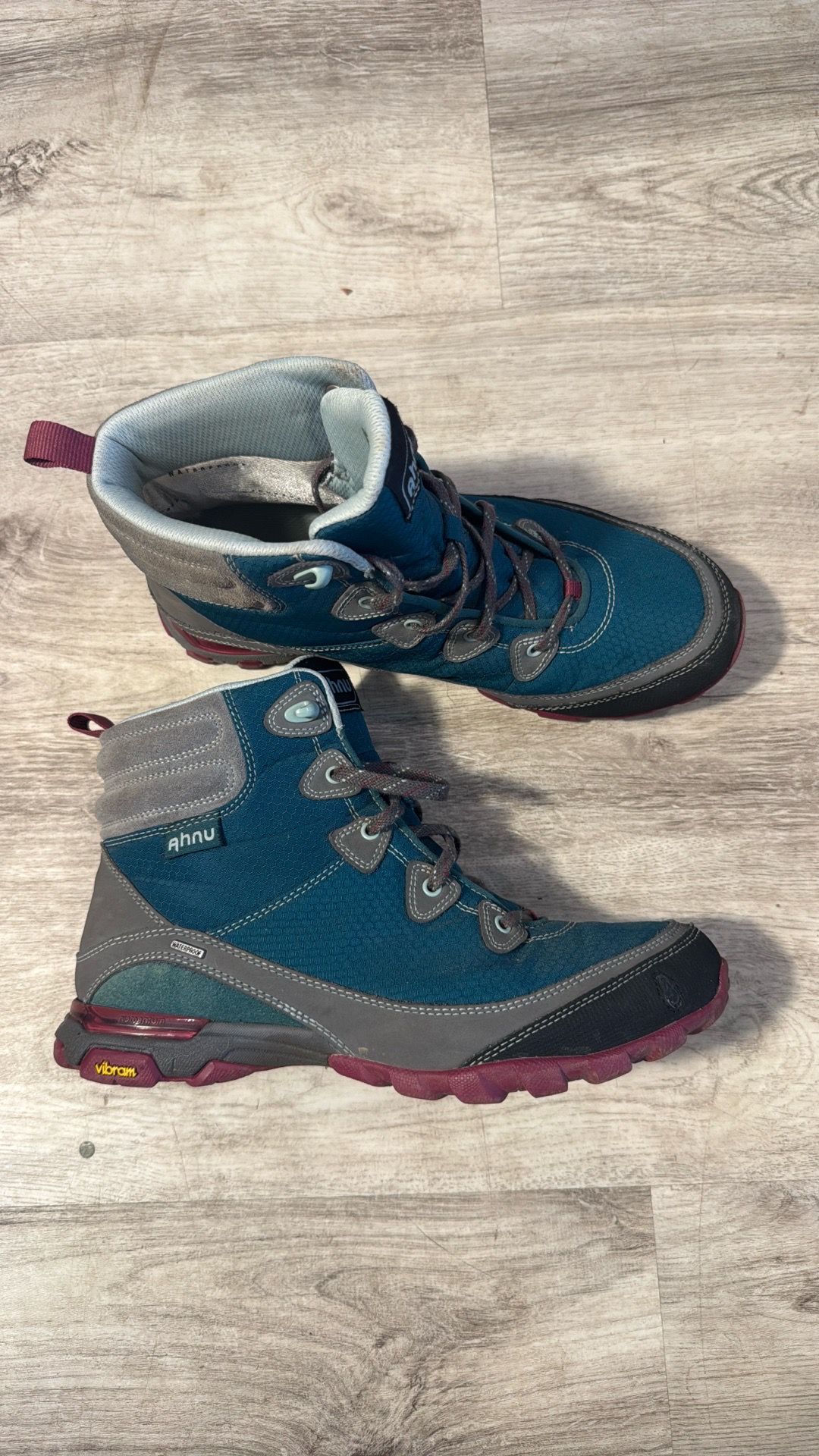 These are Ahnu Sugarpine women's waterproof hiking boots