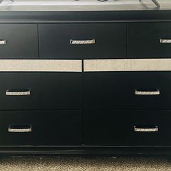 4 pcs, Dresser, Armoire and 2 Nightstands , black and silver with hidden jewelry compartments $200