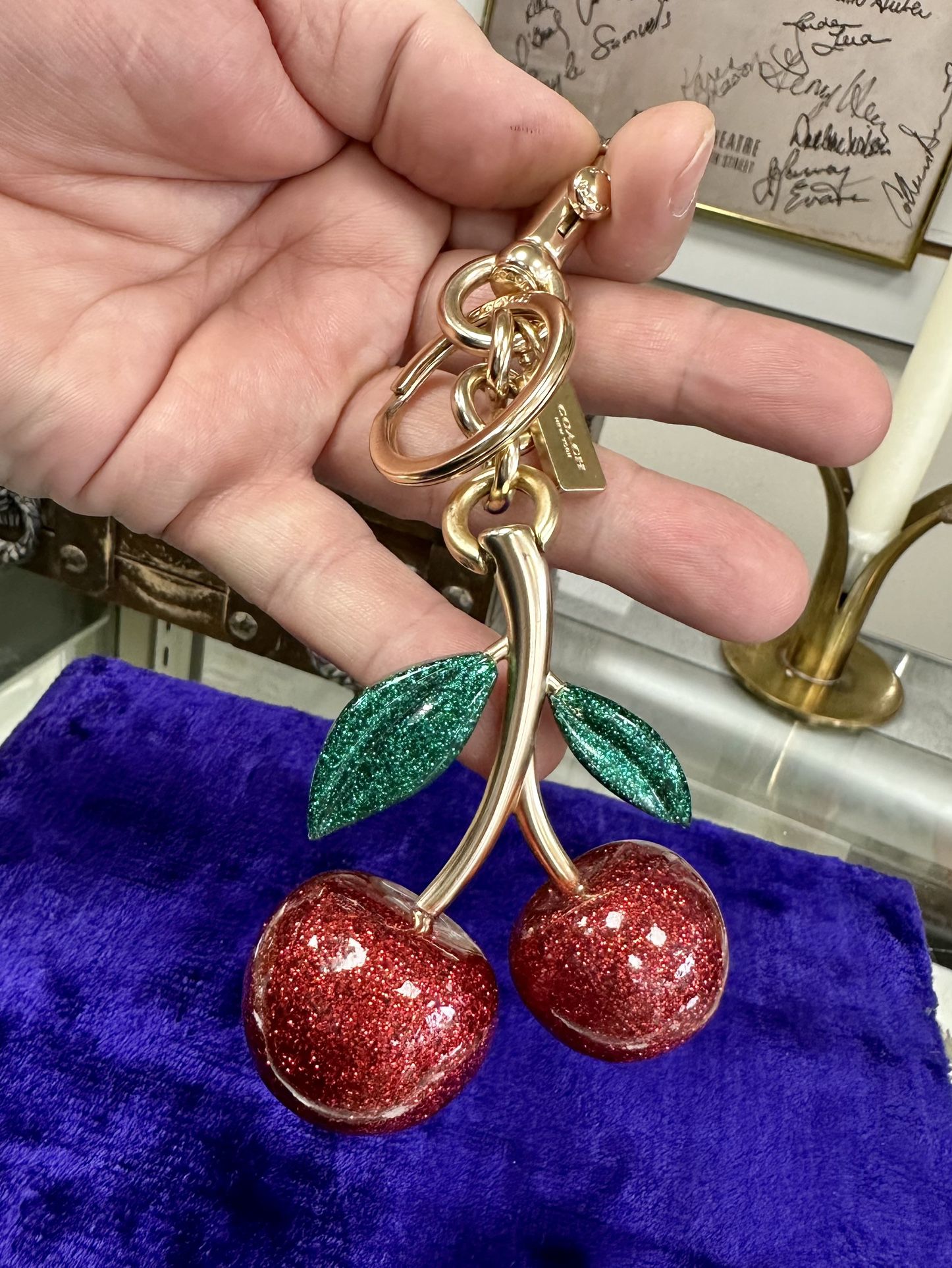 Auth COACH SIGNATURE CHERRY GOLD BAG CHARM TOTE