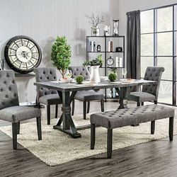 6 Piece Grey Dining Set - Table, 4 Side Chairs & Bench