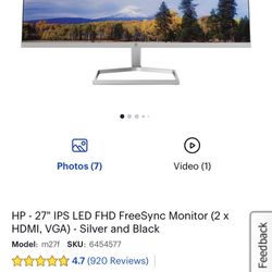 HP Curved 27 Inch Gaming Monitor Like New