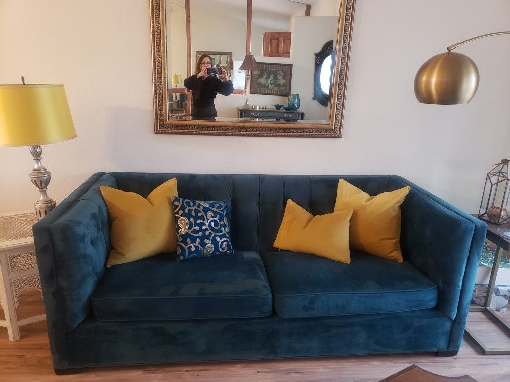 Blue Velvet Sofa / Couch With Yellow Pillows