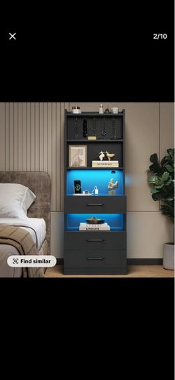 Black Tall Bookshelf Nightstand with Drawers & LED lights