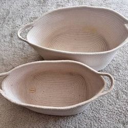 2 Woven Storage Baskets Organizers Cotton Rope Washable Sturdy  Very strong, soft to touch  Used, cleaned - washable  Large basket’s approx 13/9/8”