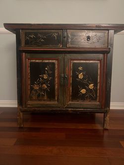 Vintage Chinese Painted Elm Cabinet – Black Lacquer with Hand-Painted Floral Panels