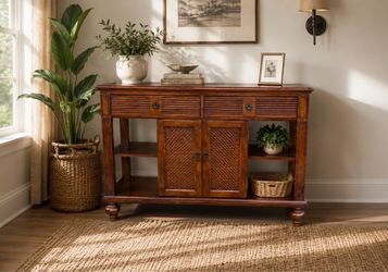 Beautiful Solid Wood Console / Entryway Cabinet with Woven Doors