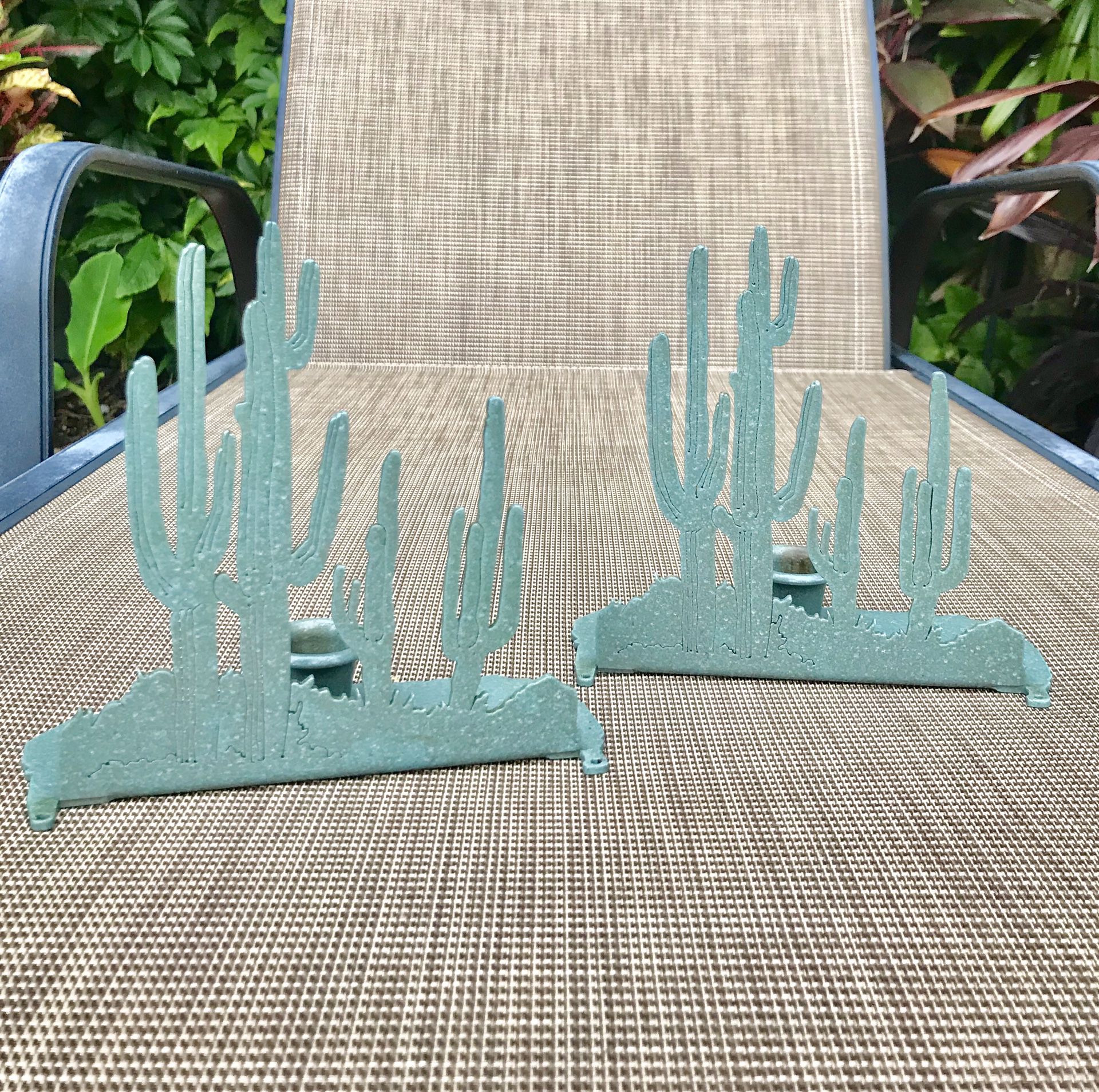 Vintage Green Metal Cactus Candleholders- A Pair