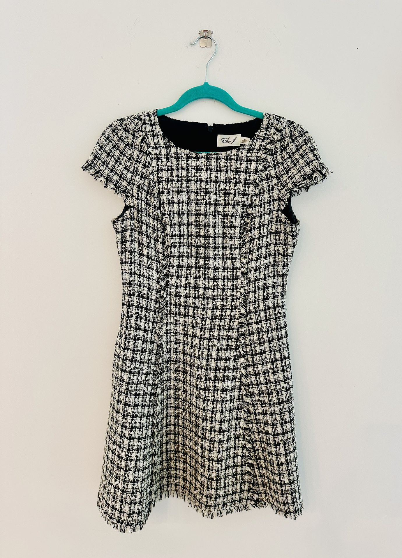 ELIZA J Black Ivory White Plaid Fringe Dress.  Sz 6