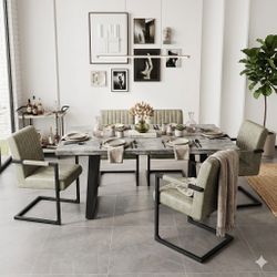 Concrete Dining Table Light Green Leather Arm Chair 2 Pcs 