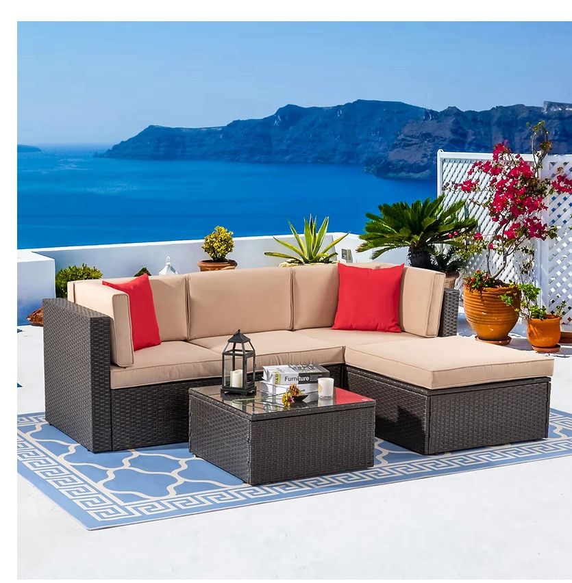 5 Piece Patio Furniture Sets, Outdoor Patio Set Sectional Sofa, All-Weather PE Rattan Outdoor Couch with Ottoman, Glass Table for Garden, Backyard, Po