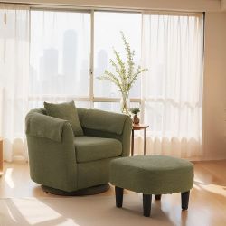 【Free Shipping】Swivel Decorative Chair with Footstool Set,  Velvet Barrel Armchair with Removable Backrest Pillow and 2 Armrest Covers, Green.