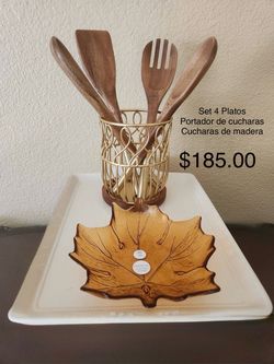 Wood Utensil Set with Gold Holder and Leaf Dish