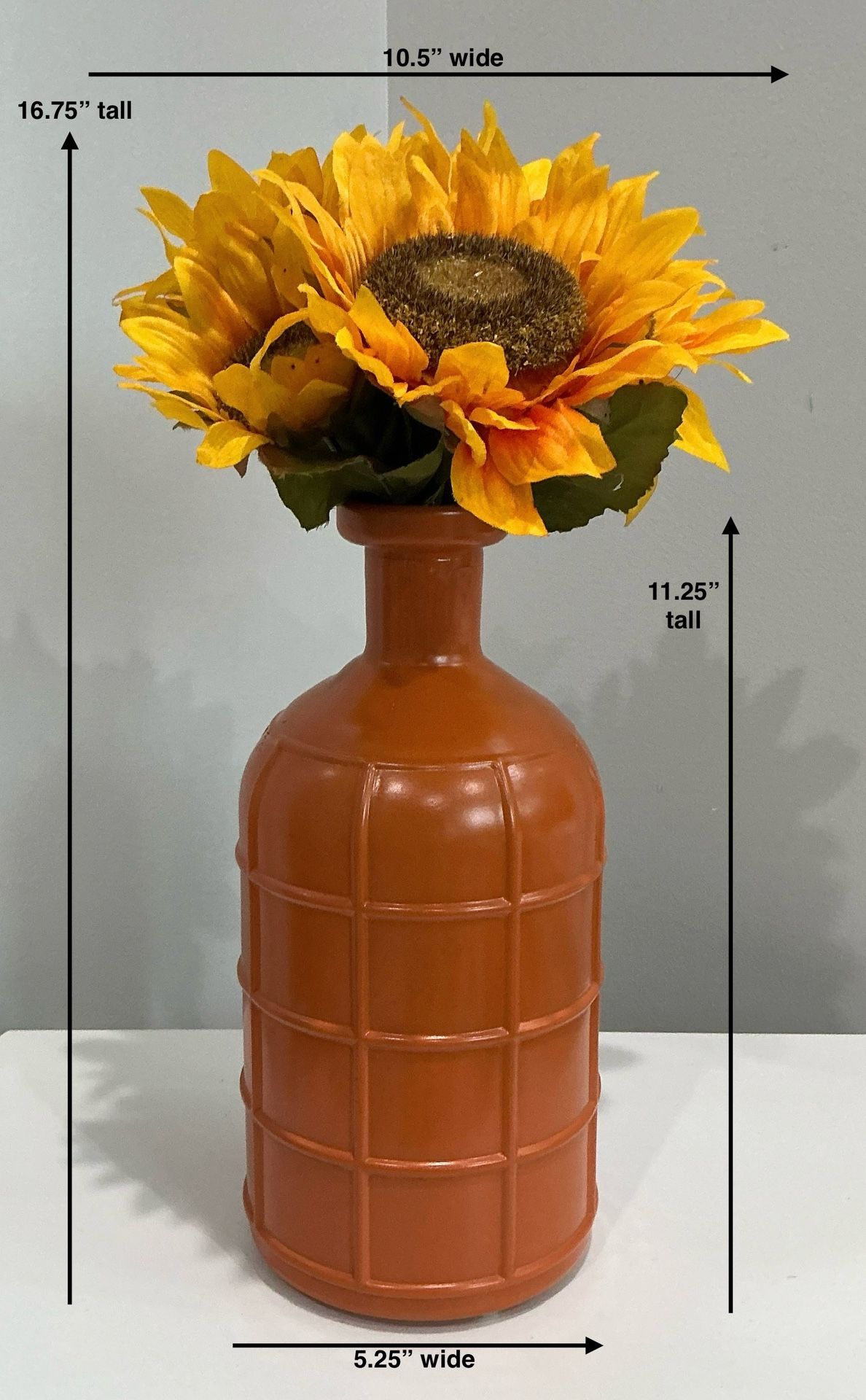 Freshly Painted Rustic Orange Thick Glass Vase with Squares Pattern & Faux Sunflowers