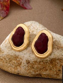 Gold-Tone Burgundy Stone Stud Earrings