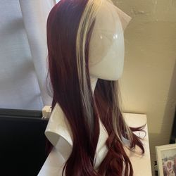 Burgundy Red Highlight Blonde Lace Front Wig Wine Red Skunk Stripe Synthetic 24 inch
