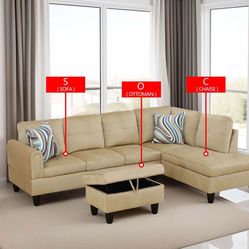 Beige Flannel 3-Piece Living Room Sofa Set