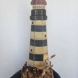 Vintage Wooden Lighthouse Decor Flat Back 11" Tall Navy Blue Starfish Seashell