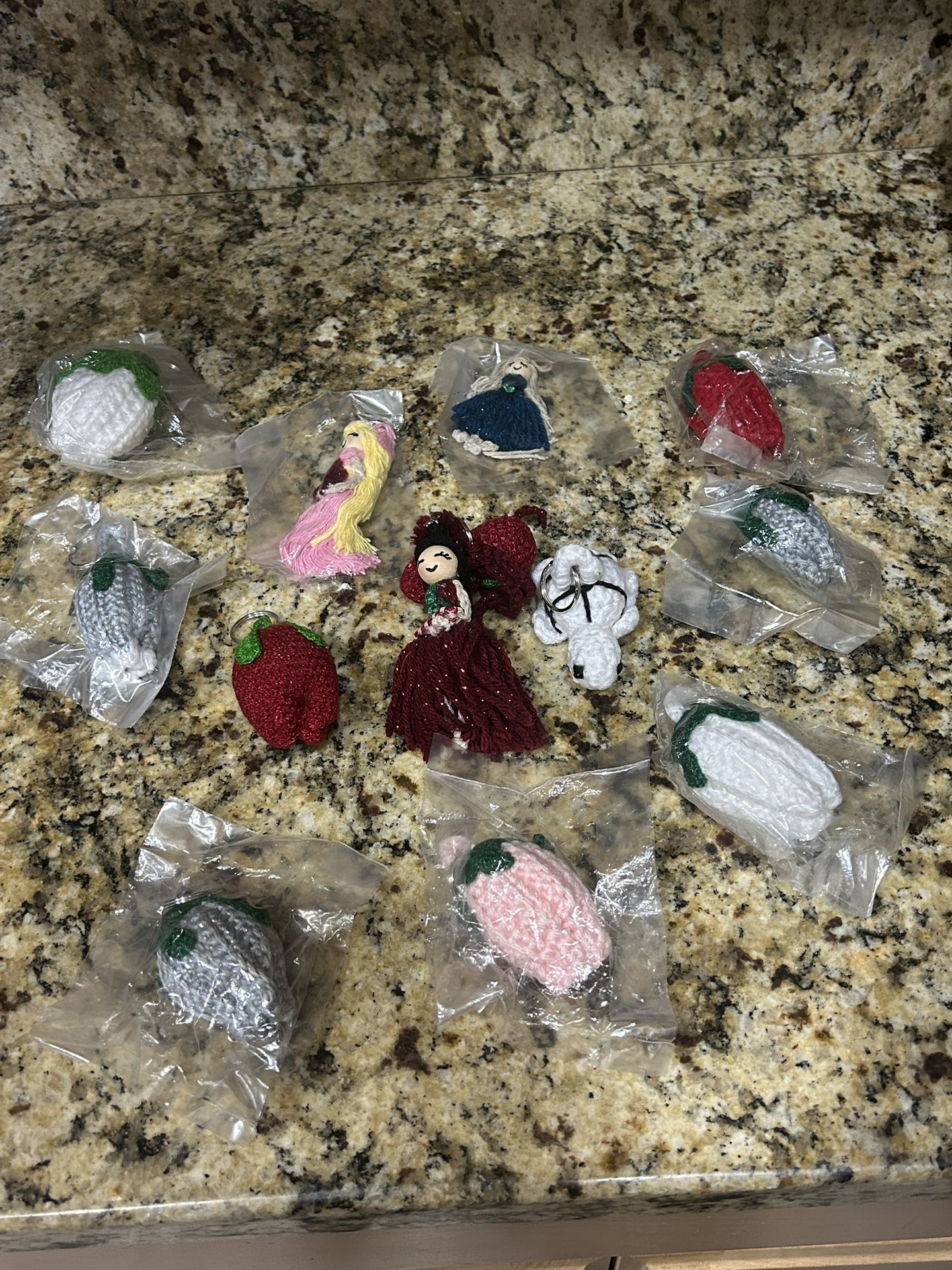 Crochet Tulip, Doll Keychains, And One Turtle Keychain