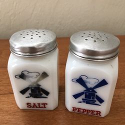 Vintage Hazel Atlas Milk Glass, Windmill Dutch Salt & Pepper Ashakers