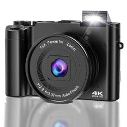 4K Digital Camera for Photography, 64MP Dual Lens Autofocus Compact Camera for Vlogging with 16X Zoom, Flash, Anti-Shake, 32GB SD Card & 2 Batteries, 