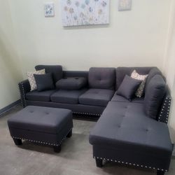 ✅️✅️3 pc charcoal linen like fabric sectional sofa drop down cup holder chaise and ottoman nail head trim ✅️