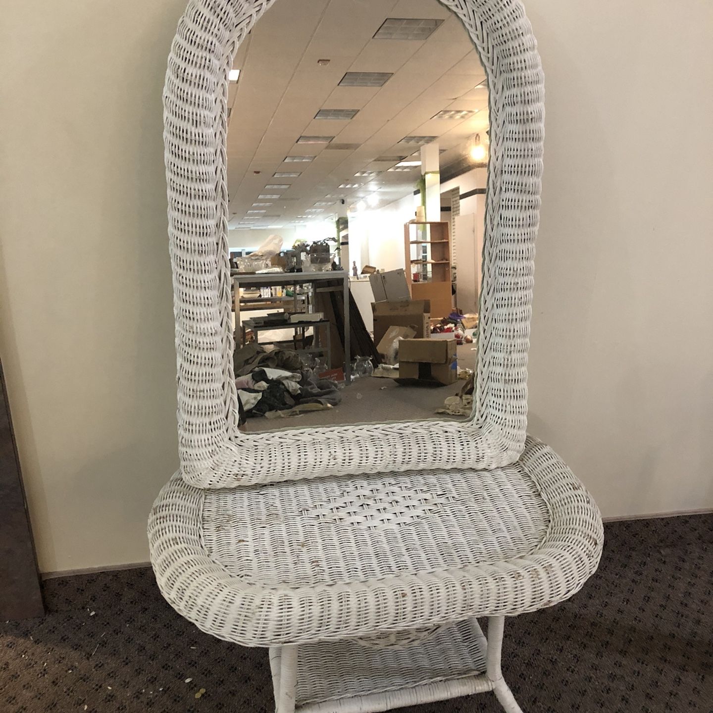 White Wicker Mirror And Side Table