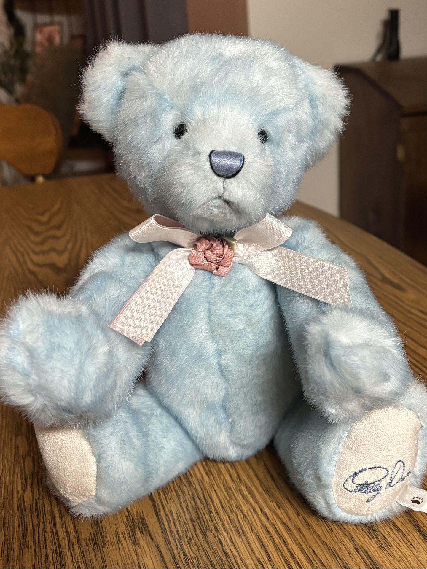 Boyd’s Bear Faith Blue Teddy Bear Patty Duke Collection Pink Checkered Bow Mauve Flower Accent Retired 92004-14