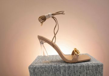 Cathy Din Nude Lace-Up Clear Block Heel Sandal with Gold Accent