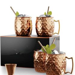 Brand New 16 Oz Moscow Mule Cups Set of 4 | Pure Solid Copper Moscow Mule Mugs| Premium Quality Copper Straws and Shot Glass Included for Perfect Cock