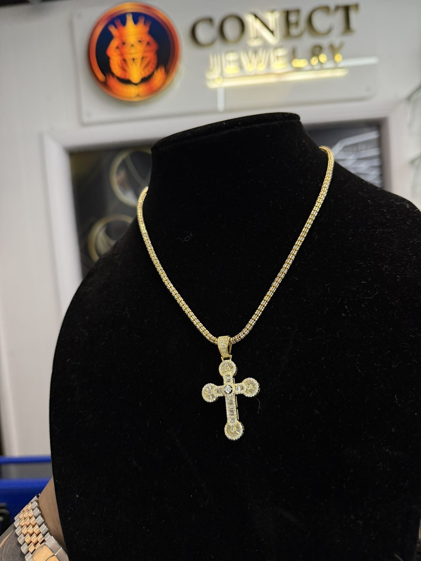 Gold Ice Chain With Cross Pendant In Baguettes