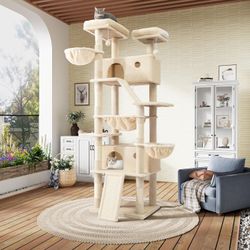 SHA CERLIN 81in Multi-Level Tall Cat Tree Tower for Indoor Kitties/Larger Cat Condo Furniture with Hammock/Cozy Pussycat Perches/Sisal Scratching Post