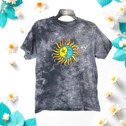 Gildan Heavy Cotton Gray & White Tye Dye Tshirt w Sun/Moon Design Women Medium
