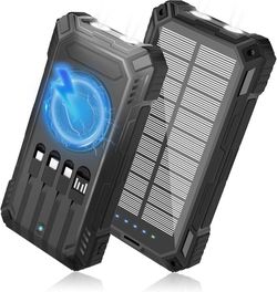 new Solar Charger Power Bank - 49800mAh Solar Phone Charger with USB-C in/Output, QC 3.0 Fast Charging with LED Flashlight, Built-in 4 Cables, IP65 Wa