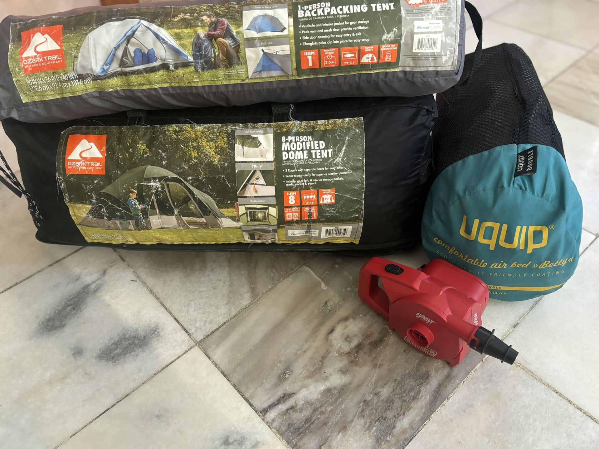 Camping Bundle – 8-Person Tent + 1 Person Backpacking Tent + Air Bed + Coleman Pump !