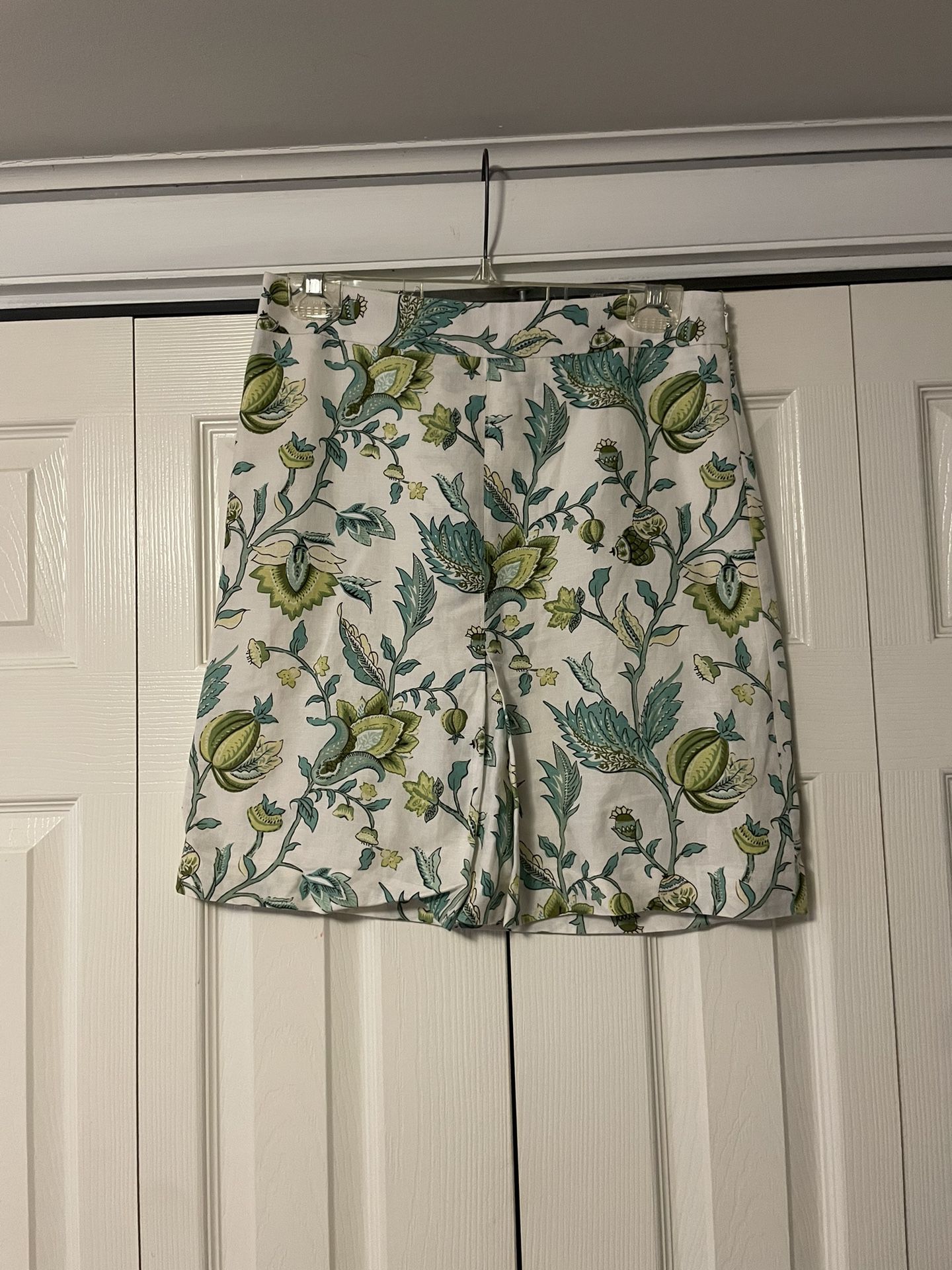 Loft White, Turquoise & Green Floral Linen Skirt - Size 2
