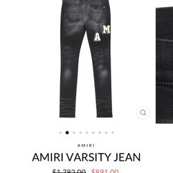 Amiri Jeans Varsity Logo Men’s Sz. 40 New With Tags