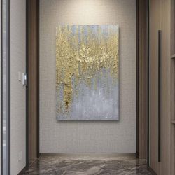 Boiee Art,30x45inch Abstract Hand Painted Golden Grey Art Canvas Paintings Gold Textured Vertical Wall Art Minimalist Artwork Acrylic on Canvas Painti