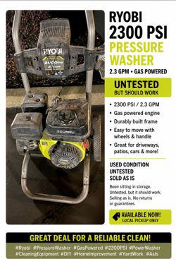 RYOBI 2300 PSI PRESSURE WASHER 2.3 GPM • GAS POWERED UNTESTED BUT SHOULD WORK