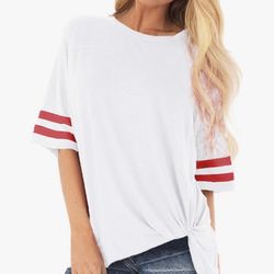 NIASHOT White Shirts for Women Casual Comfy Side Twist Soft Stripe Short Sleeve Shirts S
