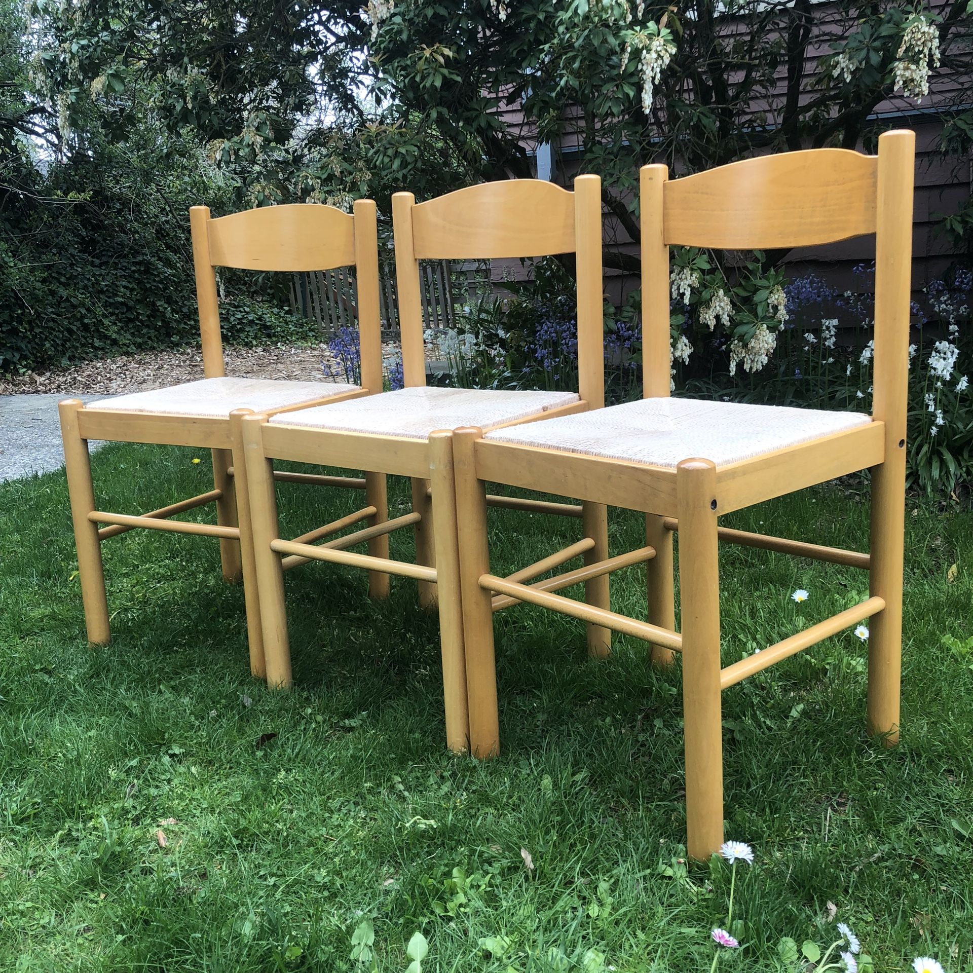Blonde Wood + Woven Jute Dining Chairs. Set Of 3 By Charlotte Perriand