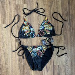 ED HARDY Vintage Y2K Rare Black Tiger & Roses String Triangle Edgy Bikini Set