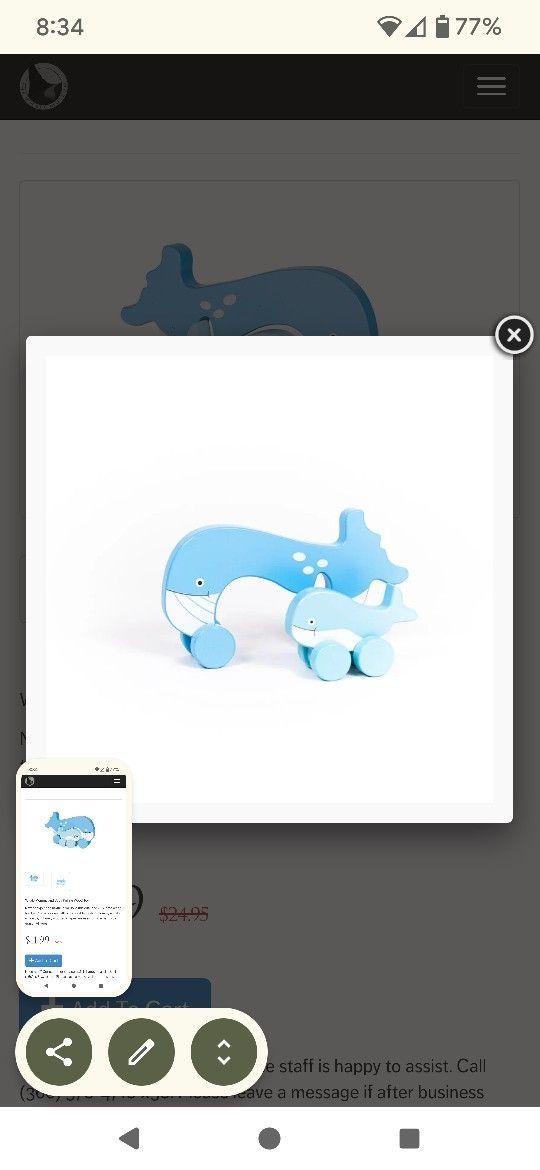 Whale Mommy and Baby Rolling Wood Toy Push Toy