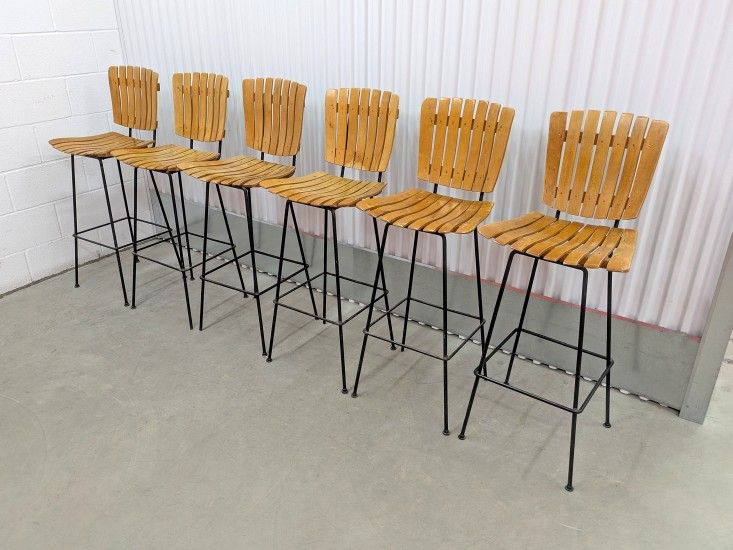 6 Mid Century Modern Wooden Slat Bar Stools