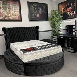 Queen Velvet Round Bed w/ Side Storage 